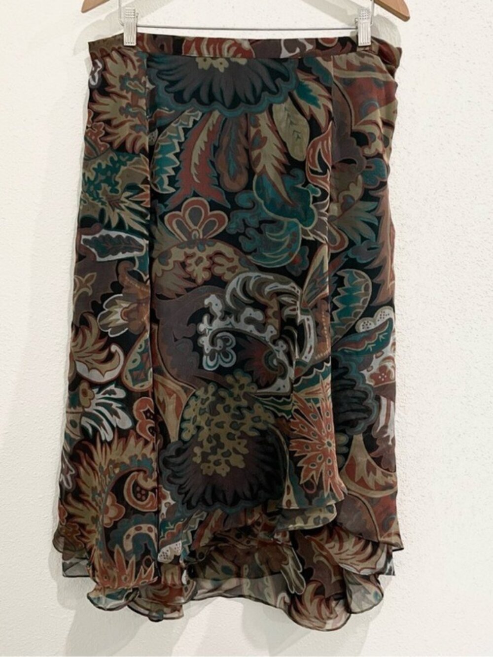Vintage Mesh Paisley Y2K Midi Skirt Ruffle Earth Tones
